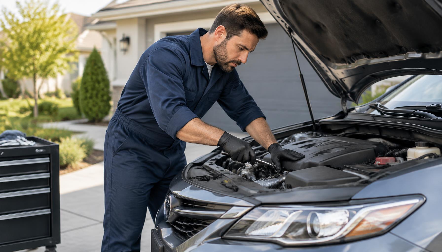 Mobile mechanic working on a car in a driveway